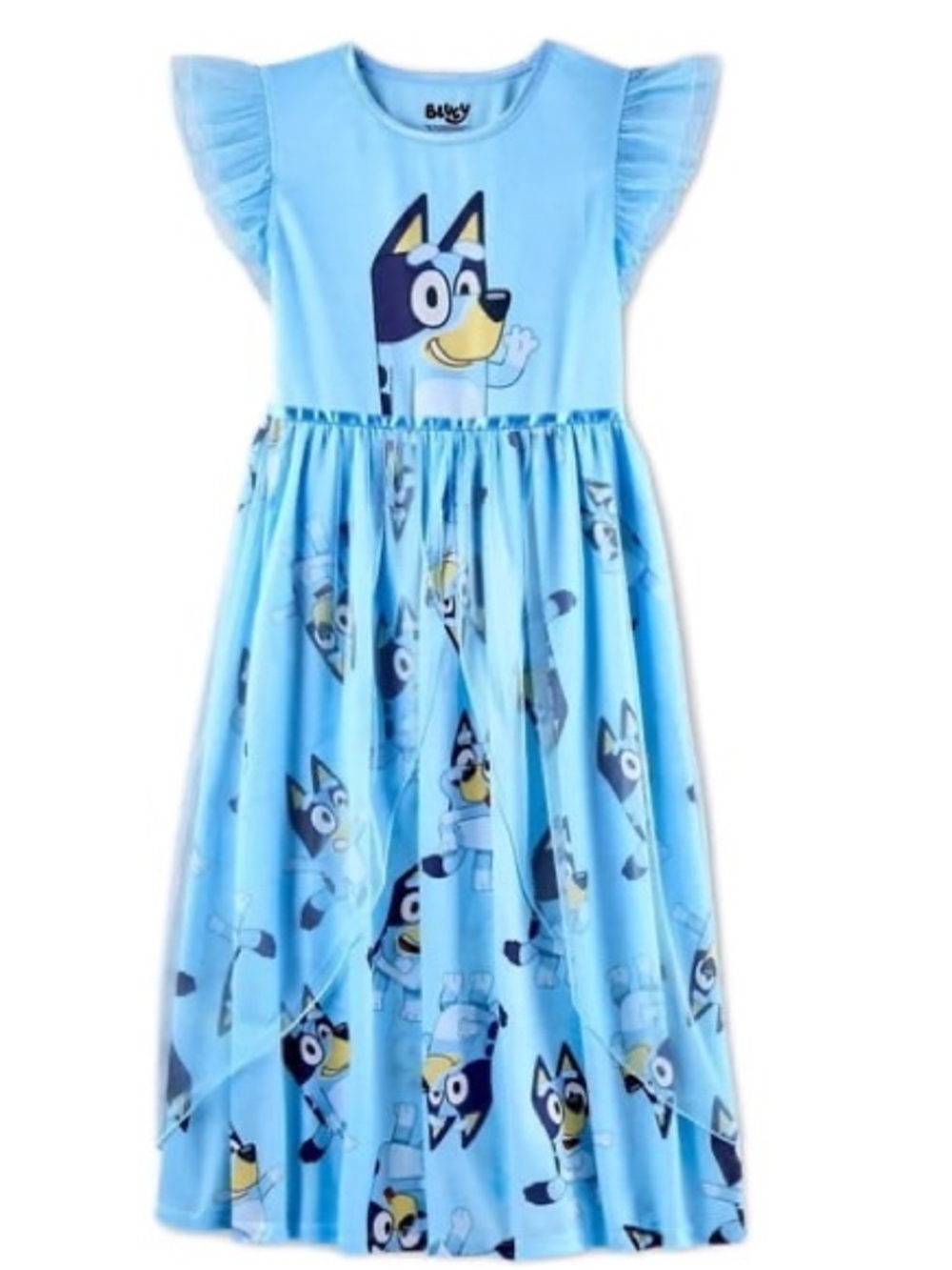 Bluey Character Girls Blue Satinet & Tulle Nightgown (S)6/6X Flame Resistant NEW